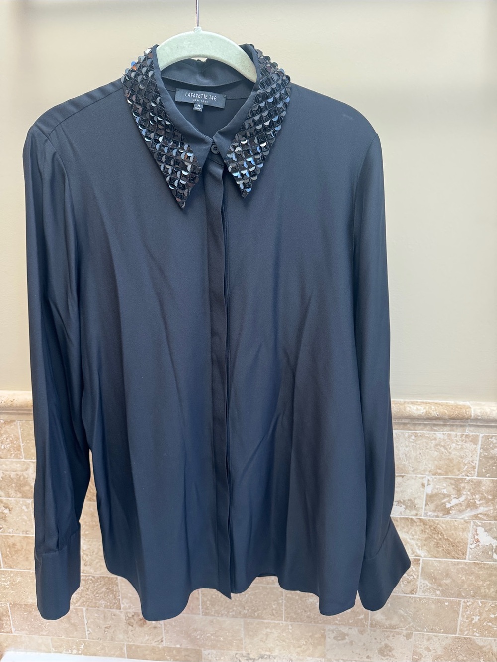 Lafayette 148 New York Black Long-Sleeve Shirt with Beaded Collar